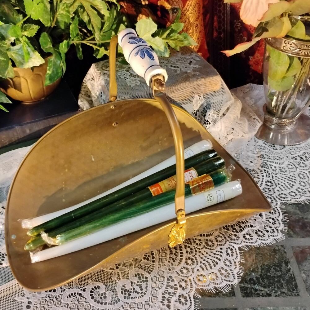 Vintage Solid Brass Log or Magazine Holder: Ceramic Handle, Lion Heads, Paw Feet
